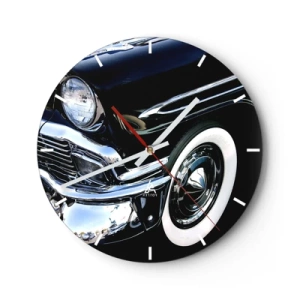 Orologio da parete - Orologio in Vetro - Un'auto retrò nera lucida con uno stile classico - 30x30cm - Classicità in argento, nero e bianco - Decorazione murale moderna per soggiorno, cucina e camera da letto ARTTOR
