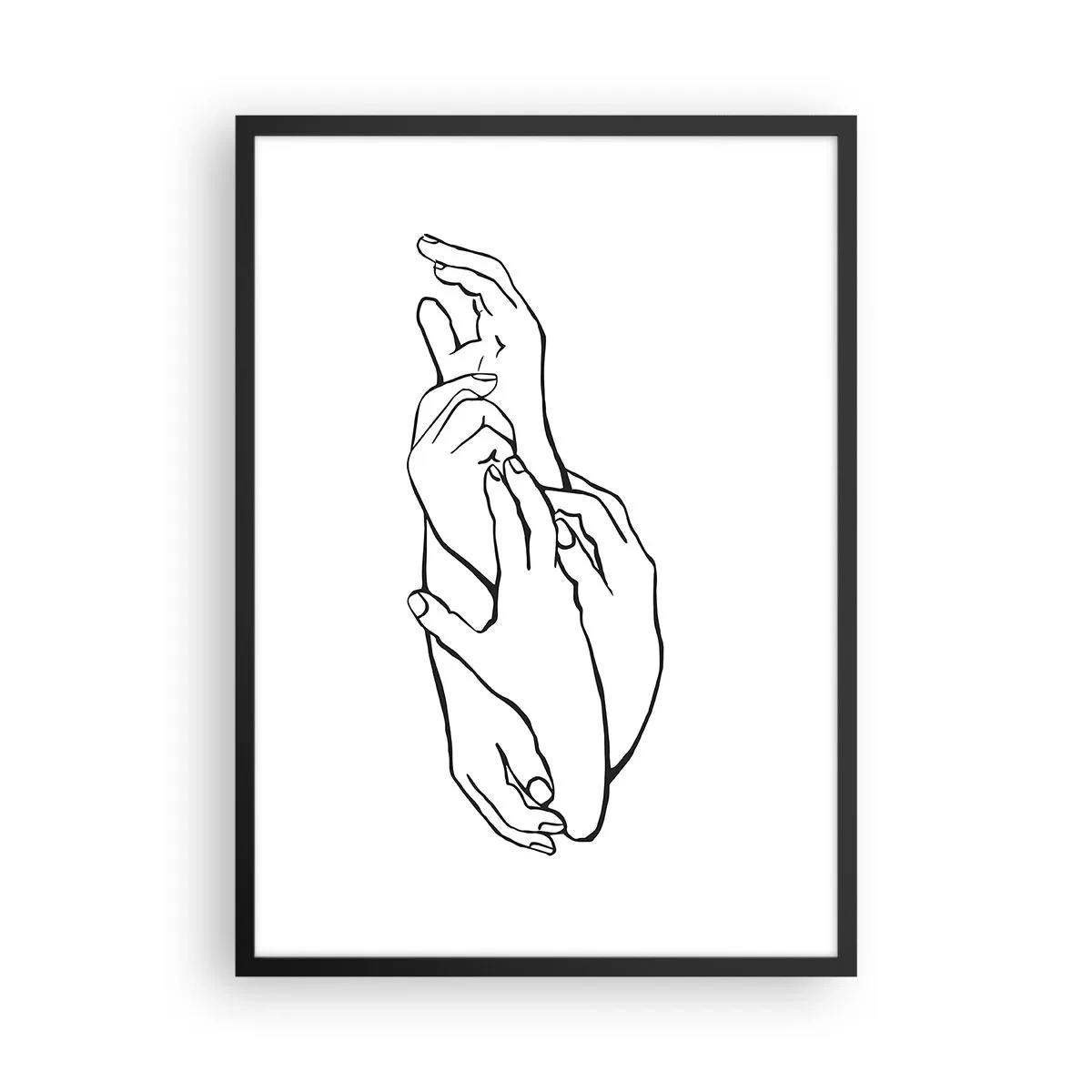 Poster in cornice nera - Uno schizzo minimalista di mani giunte su uno sfondo bianco. - 50x70cm - Il tocco buono - Decorazione murale moderna per soggiorno e camera da letto ARTTOR