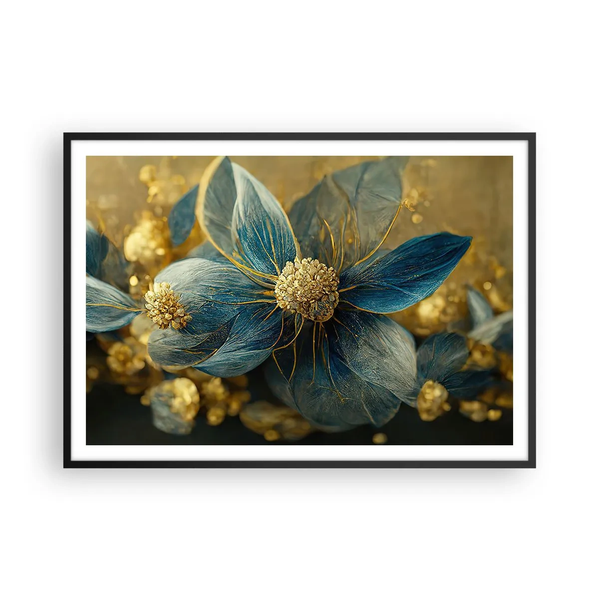 Poster in cornice nera - Eleganti fiori nei toni del blu e dell'oro - 100x70cm - Fiorire d'oro - Decorazione murale moderna per soggiorno e camera da letto ARTTOR