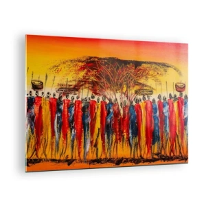Quadro su vetro - Una scena colorata con persone in costumi tradizionali africani - 70x50cm - Al suono dei tam tam - Decorazione murale moderna per soggiorno e camera da letto ARTTOR
