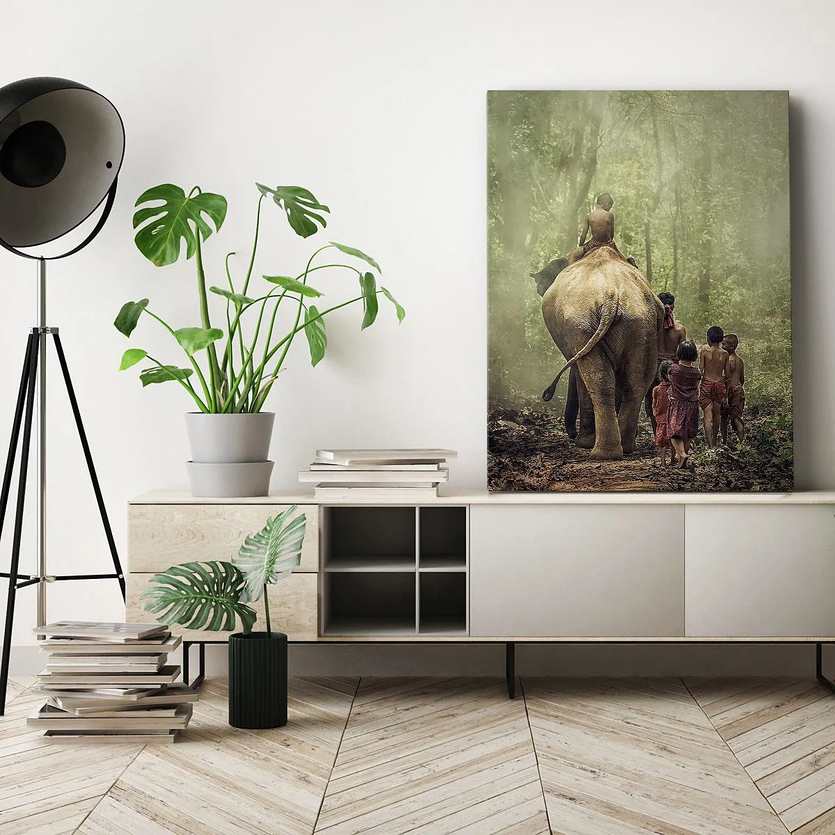 Quadro su tela - Stampe su Tela - Bambini con un elefante in una foresta verde alla luce del mattino - 50x70cm - Il nuovo Libro della Giungla - Decorazione murale moderna per soggiorno e camera da letto ARTTOR