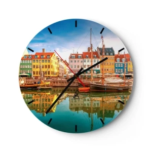 Orologio da parete - Orologio in Vetro - Case popolari colorate e barche nel porto della città - 30x30cm - Sull'acqua liscia come uno specchio - Decorazione murale moderna per soggiorno, cucina e camera da letto ARTTOR