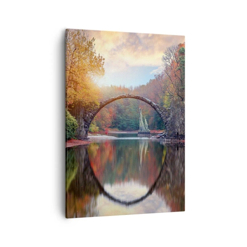 Quadro su tela - Stampe su Tela - Un ponte di pietra in uno scenario autunnale sopra acque calme - 50x70cm - Dall'altro lato dello specchio - Decorazione murale moderna per soggiorno e camera da letto ARTTOR