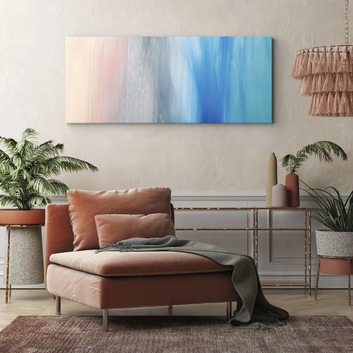 Quadro su tela - Stampe su Tela - Pennellate astratte nei toni del blu e del rosa - 140x50cm - Gli elementi: l'aria - Decorazione murale moderna per soggiorno e camera da letto ARTTOR
