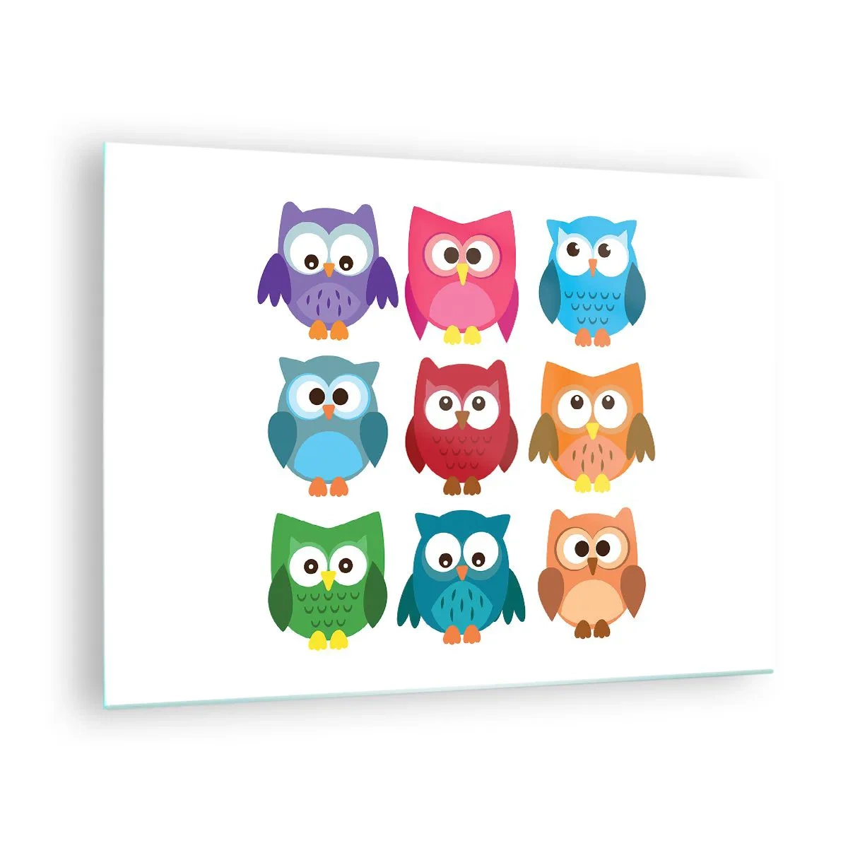 Quadro su vetro - Gufi colorati in stile cartone animato su sfondo bianco - 70x50cm - Essere diversi può essere divertente - Decorazione murale moderna per soggiorno e camera da letto ARTTOR