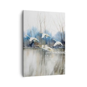 Quadro su tela - Stampe su Tela - Cigni in volo sopra un lago ghiacciato in un paesaggio invernale - 50x70cm - Come la favola dei cigni selvatici - Decorazione murale moderna per soggiorno e camera da letto ARTTOR