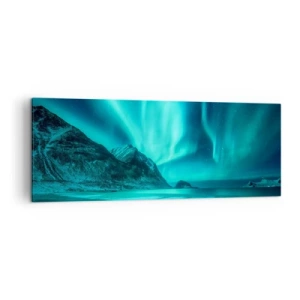Quadro su tela - Stampe su Tela - Aurora boreale su un paesaggio invernale montuoso - 140x50cm - Miracolo del Nord - Decorazione murale moderna per soggiorno e camera da letto ARTTOR