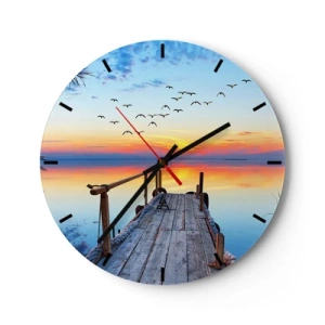 Orologio da parete - Orologio in Vetro - Un molo sul lago sotto i raggi del sole al tramonto - 30x30cm - Il tempo del ritorno - Decorazione murale moderna per soggiorno, cucina e camera da letto ARTTOR