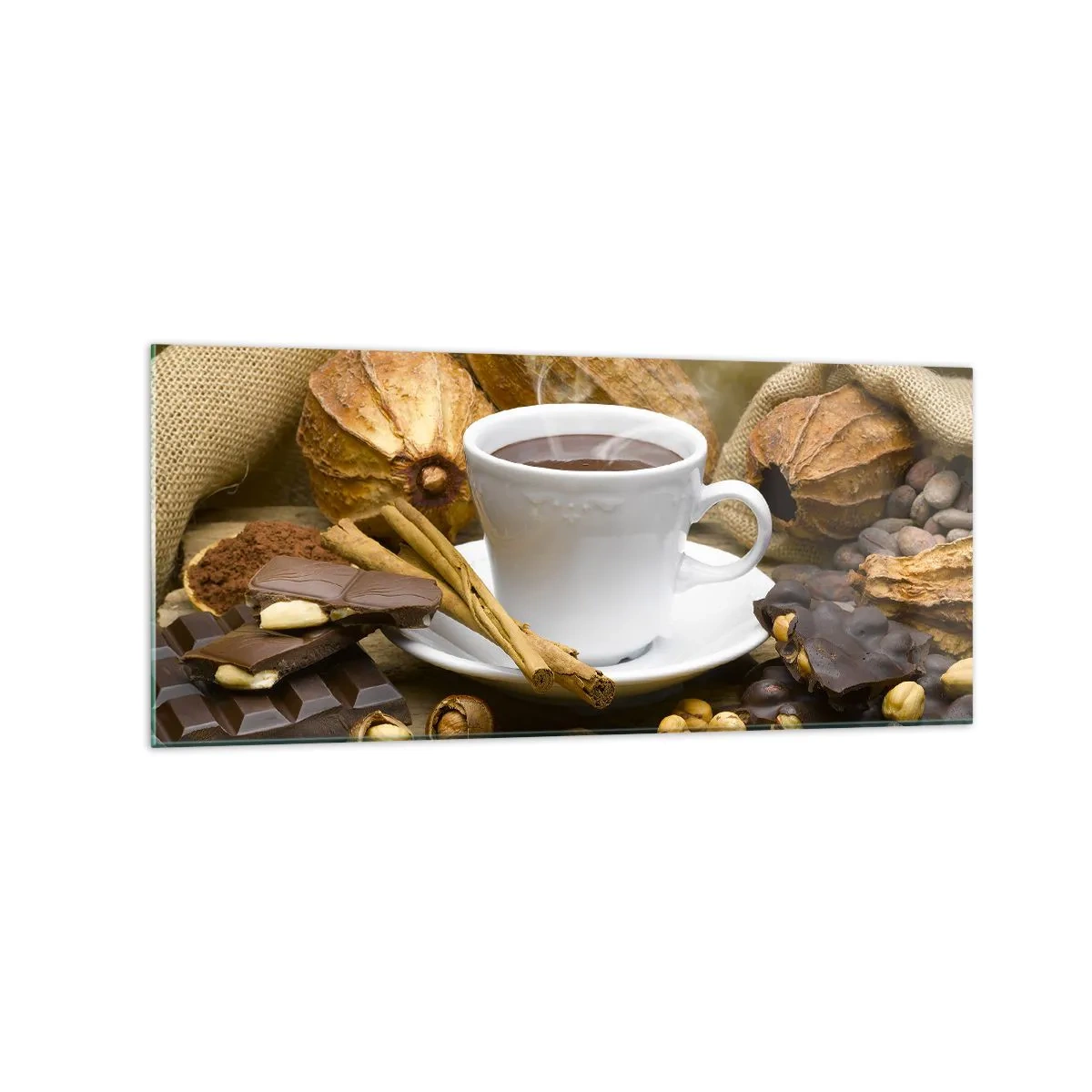 Quadro su vetro - Una tazza di cioccolata calda circondata da cacao e cannella - 120x50cm - Per i cercatori di emozioni - Decorazione murale moderna per soggiorno e camera da letto ARTTOR