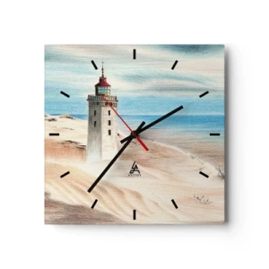 Orologio da parete - Orologio in Vetro - Un faro circondato da dune di sabbia e un cielo azzurro - 30x30cm - Sempre guardando il mare - Decorazione murale moderna per soggiorno e camera da letto ARTTOR