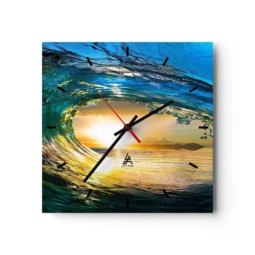 Orologio da parete - Orologio in Vetro - Onda dell'oceano al sole con vista sull'orizzonte - 30x30cm - Nel cristallo oro e smeraldo - Decorazione murale moderna per soggiorno e camera da letto ARTTOR