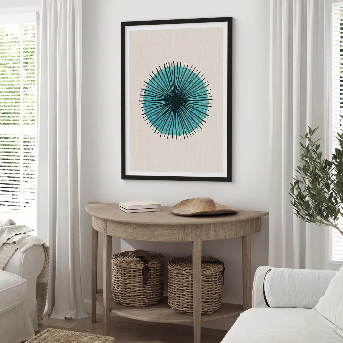 Poster in cornice nera - Motivo geometrico a forma di cerchio radiale - 50x70cm - Radiosamente nel blu - Decorazione murale moderna per soggiorno e camera da letto ARTTOR