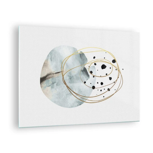 Quadro su vetro - Composizione astratta con una macchia blu e linee dorate - 70x50cm - Nell'abbraccio dello spazio - Decorazione murale moderna per soggiorno e camera da letto ARTTOR