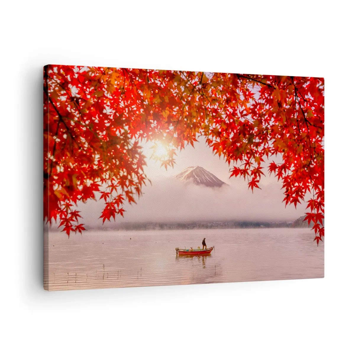 Quadro su tela - Stampe su Tela - Una barca su un lago circondata da foglie di acero rosso - 70x50cm - Nell'atmosfera del Giappone - Decorazione murale moderna per soggiorno e camera da letto ARTTOR