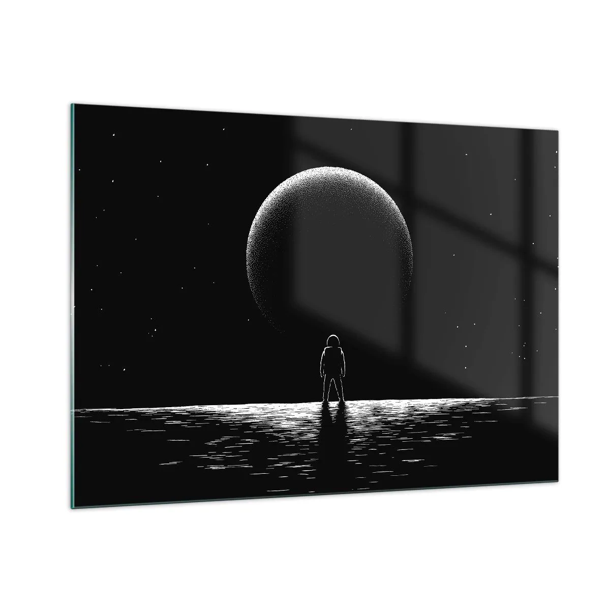 Quadro su vetro - Astronauta in piedi davanti a un pianeta in bianco e nero - 100x70cm - Faccia a faccia - Decorazione murale moderna per soggiorno e camera da letto ARTTOR