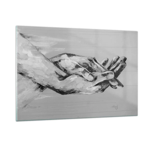 Quadro su vetro - Dipinto in bianco e nero di due mani che si cercano - 120x80cm - Inizio... - Decorazione murale moderna per soggiorno e camera da letto ARTTOR