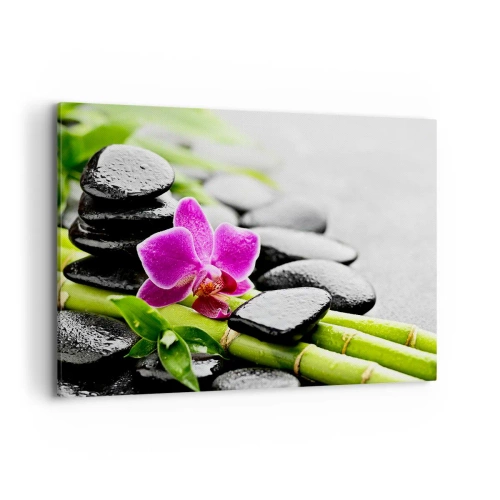 Quadro su tela - Stampe su Tela - Orchidea viola, pietre nere e bambù in una composizione tranquilla - 100x70cm - Un tranquillo equilibrio - Decorazione murale moderna per soggiorno e camera da letto ARTTOR
