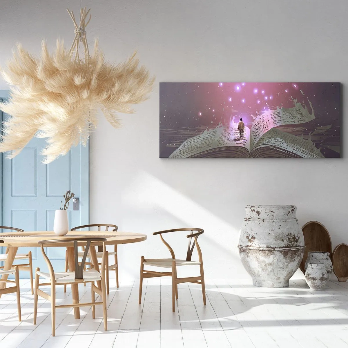 Quadro su tela - Stampe su Tela - Una figura cammina su un libro aperto in una luce magica. - 120x50cm - Invito ad un altro mondo: leggi! - Decorazione murale moderna per soggiorno e camera da letto ARTTOR