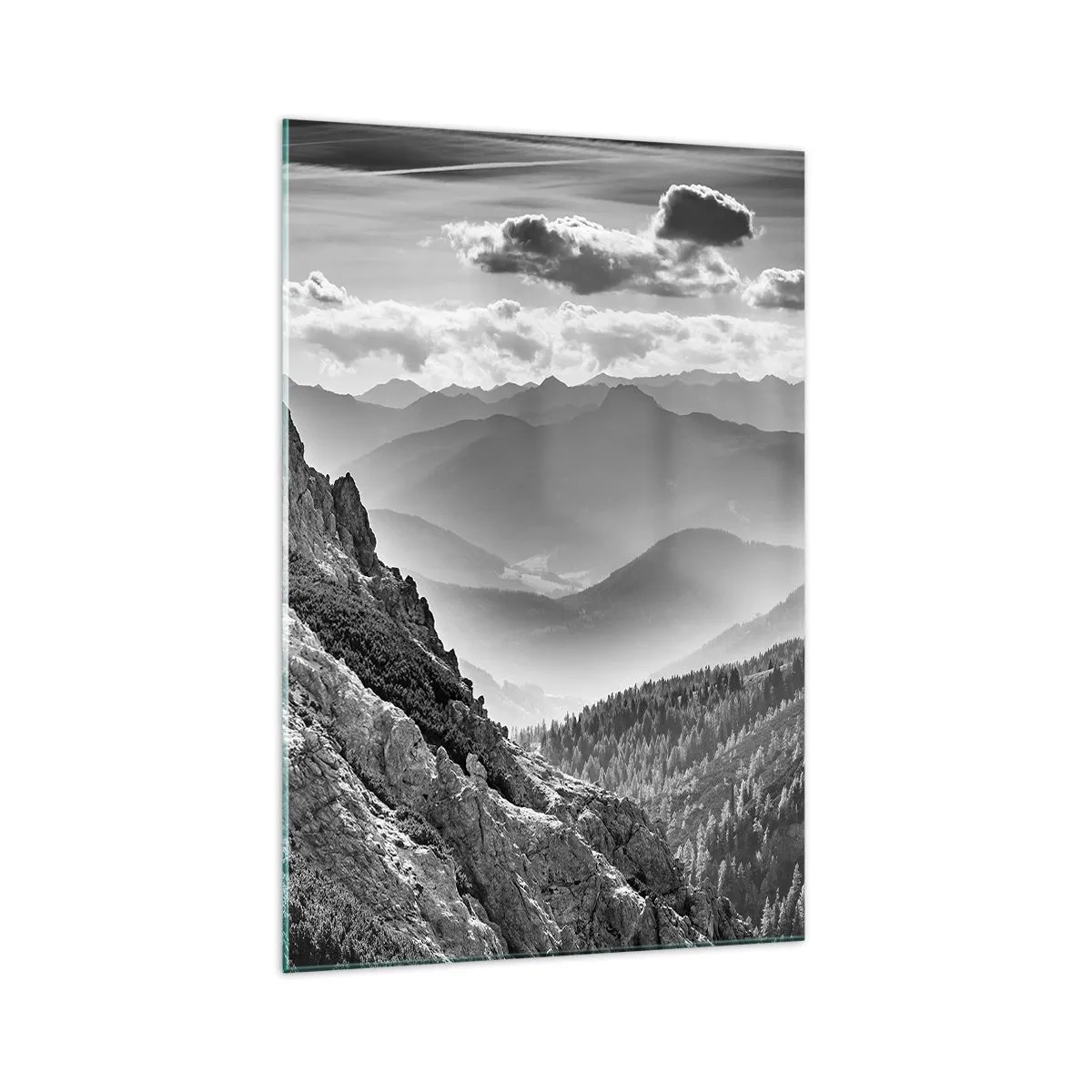 Quadro su vetro - Paesaggio montano in bianco e nero con nuvole sulle cime - 70x100cm - Fino all'orizzonte - Decorazione murale moderna per soggiorno e camera da letto ARTTOR