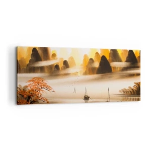 Quadro su tela - Stampe su Tela - Un paesaggio orientale con un fiume, montagne e una leggera nebbia. - 120x50cm - Oltre l'Estremo Oriente - Decorazione murale moderna per soggiorno e camera da letto ARTTOR