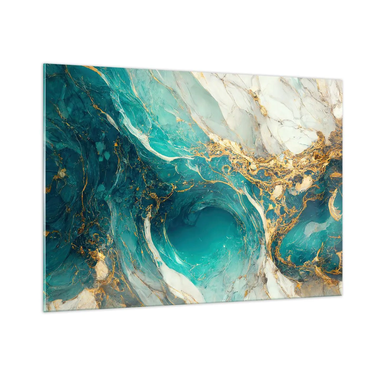 Quadro su vetro - Composizione astratta con venature turchesi e dorate - 100x70cm - Composizione con vene d'oro - Decorazione murale moderna per soggiorno e camera da letto ARTTOR