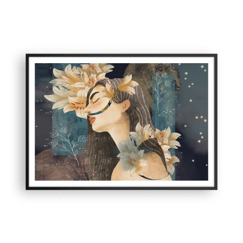 Poster in cornice nera - Ritratto di una donna con fiori in stile artistico su sfondo scuro - 100x70cm - La favola della principessa con i gigli - Decorazione murale moderna per soggiorno e camera da letto ARTTOR