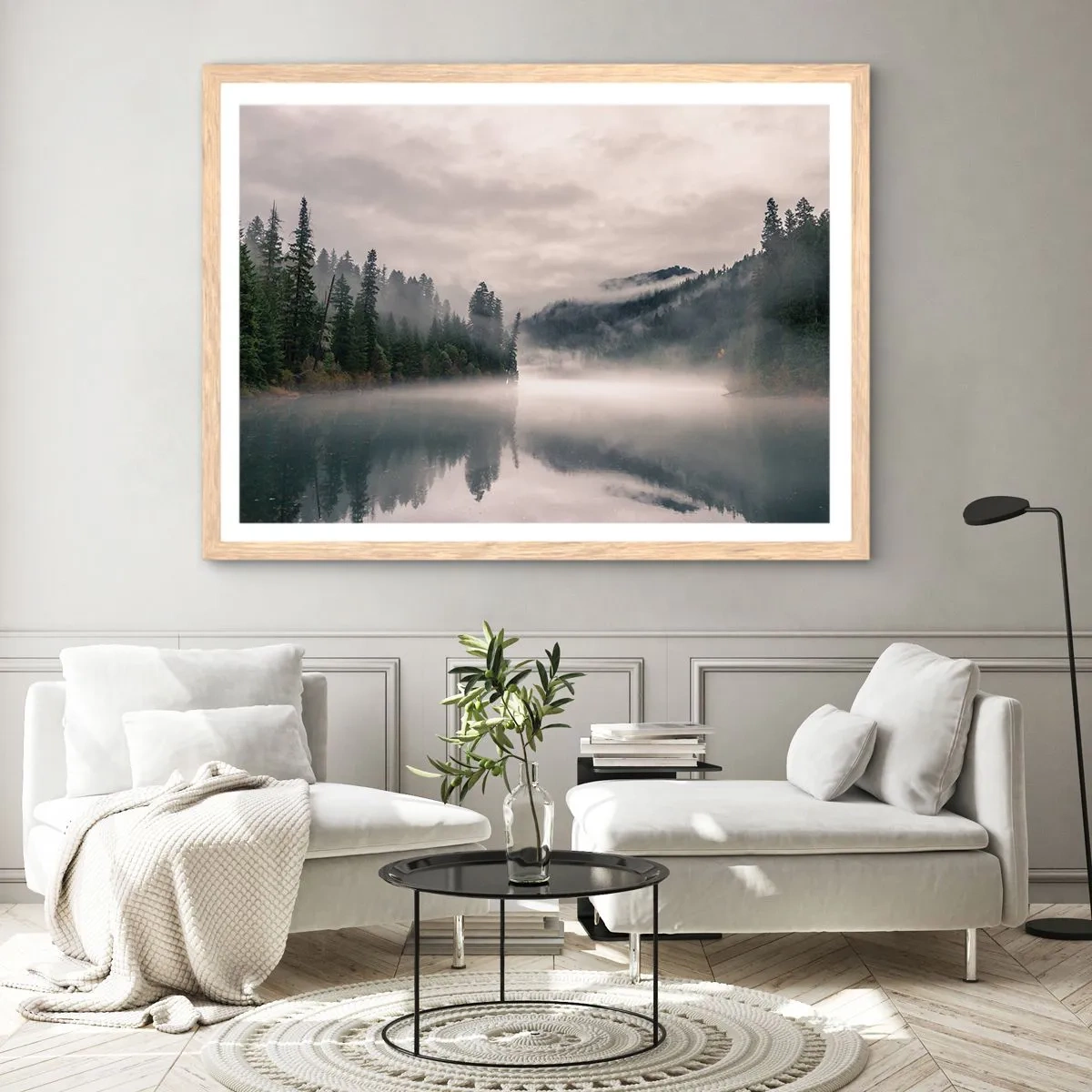 Poster in cornice rovere chiaro - Riflettendo nella nebbia - 70x50 cm