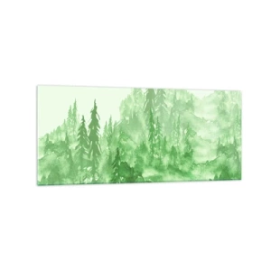 Quadro su vetro - Foresta verde in stile acquerello su sfondo chiaro - 120x50cm - Sfocato da una nebbia verde - Decorazione murale moderna per soggiorno e camera da letto ARTTOR