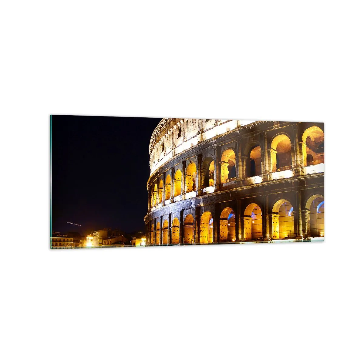 Quadro su vetro - Il Colosseo illuminato dalle luci di notte a Roma - 120x50cm - È tempo di iniziare i giochi - Decorazione murale moderna per soggiorno e camera da letto ARTTOR