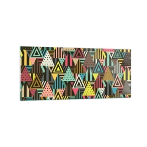 Quadro su vetro - Motivo geometrico colorato con triangoli e linee - 120x50cm - Al ritmo di tre - Decorazione murale moderna per soggiorno e camera da letto ARTTOR