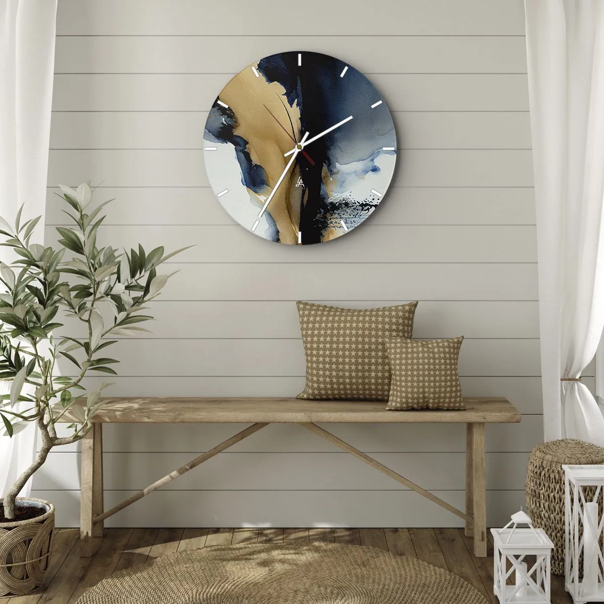 Orologio da parete - Orologio in Vetro - Acquerello astratto con contrasto di blu navy e beige - 30x30cm - Dietro la cortina - Decorazione murale moderna per soggiorno, cucina e camera da letto ARTTOR