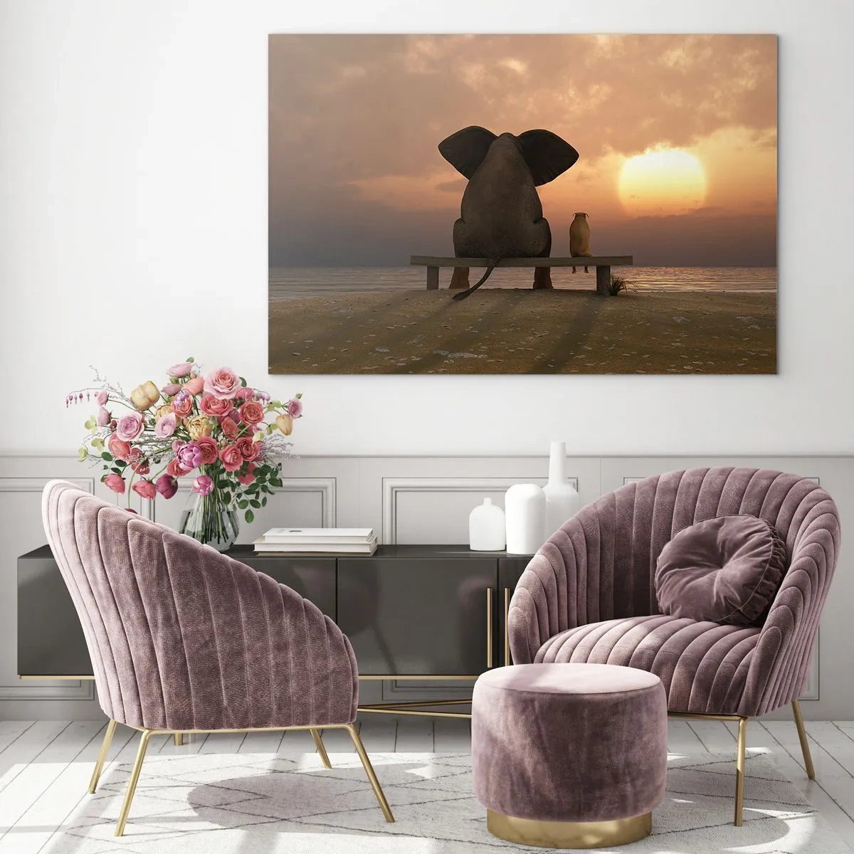 Quadro su vetro - Elefante e cane su una panchina al tramonto - 100x70cm - A volte bisogna tacere - Decorazione murale moderna per soggiorno e camera da letto ARTTOR