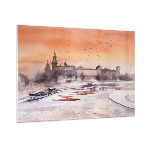 Quadro su vetro - Tramonto sul castello reale e sul fiume in inverno - 100x70cm - Tramonto reale - Decorazione murale moderna per soggiorno e camera da letto ARTTOR