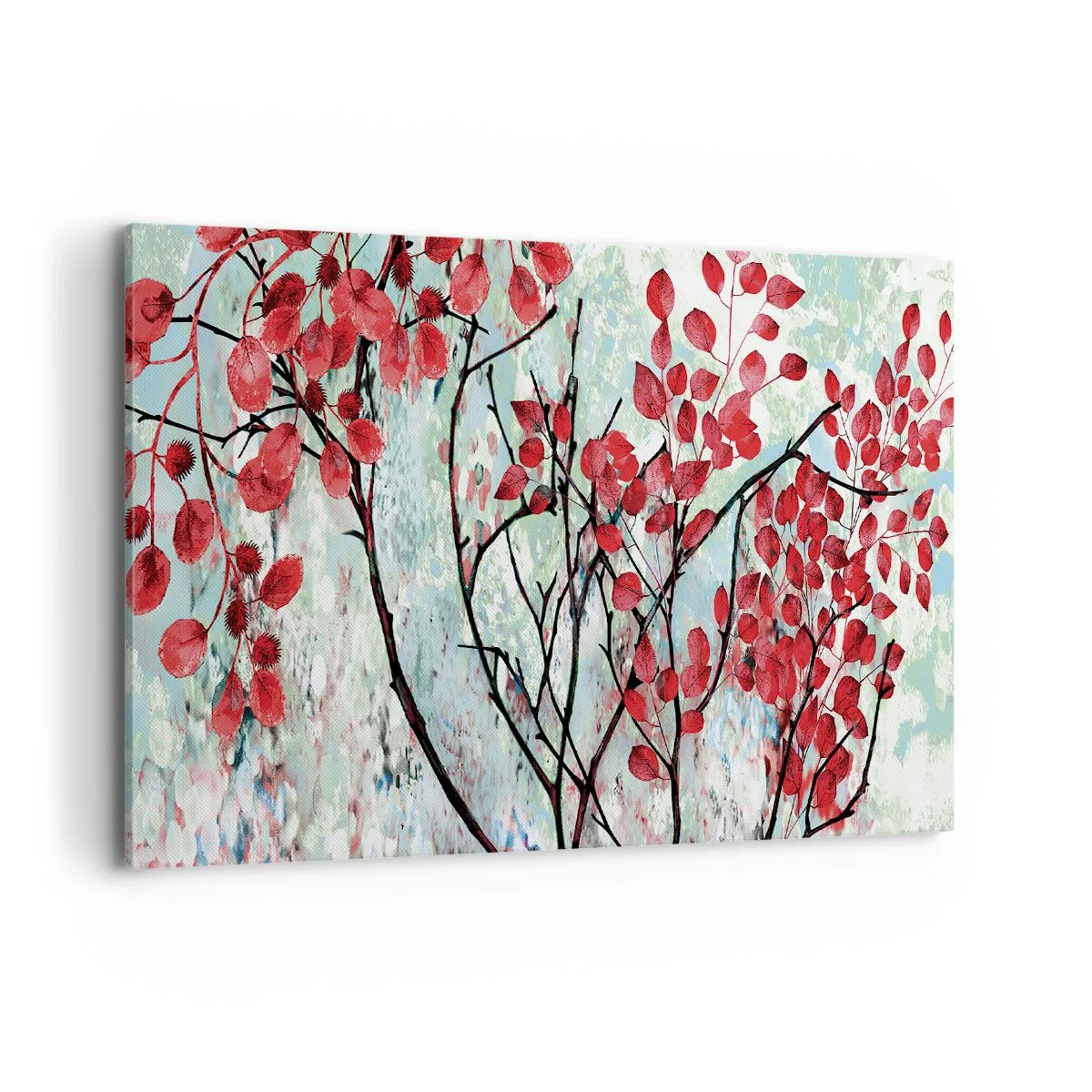 Quadro su tela - Stampe su Tela - Foglie rosse contro un cielo luminoso con motivi astratti - 100x70cm - Albero in scarlatto - Decorazione murale moderna per soggiorno e camera da letto ARTTOR