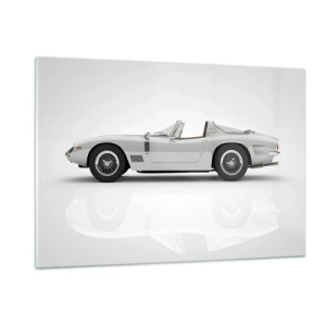 Quadro su vetro - Una classica decappottabile bianca su uno sfondo minimalista con riflessi. - 120x80cm - Promessa di divertimento - Decorazione murale moderna per soggiorno e camera da letto ARTTOR