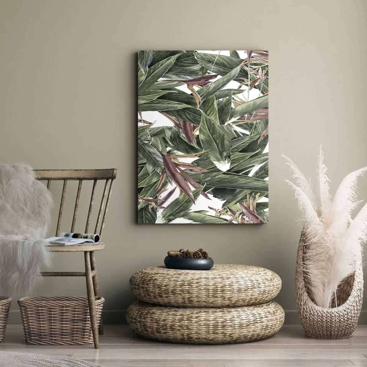 Quadro su tela - Stampe su Tela - Un motivo decorativo a foglia nei toni del verde e del bordeaux su uno sfondo chiaro - 70x100cm - Macchia smeraldo e lilla - Decorazione murale moderna per soggiorno e camera da letto ARTTOR