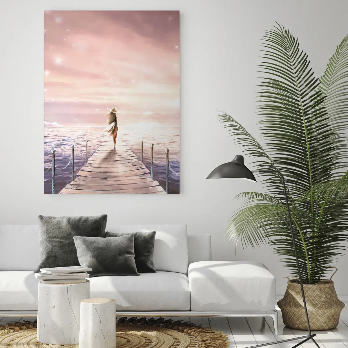 Quadro su vetro - Una donna su un molo in una magica cornice al tramonto - 70x100cm - Alla luce del sogno - Decorazione murale moderna per soggiorno e camera da letto ARTTOR