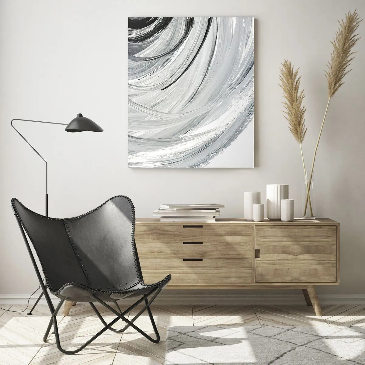 Quadro su vetro - Un vortice monocromatico nelle tonalità del grigio e del nero - 80x120cm - Composizione orbitale - Decorazione murale moderna per soggiorno e camera da letto ARTTOR