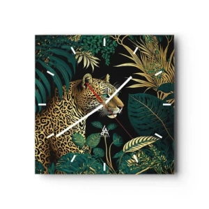 Orologio da parete - Orologio in Vetro - Leopardo tra foglie tropicali su sfondo nero - 30x30cm - Il signore della giungla - Decorazione murale moderna per soggiorno e camera da letto ARTTOR