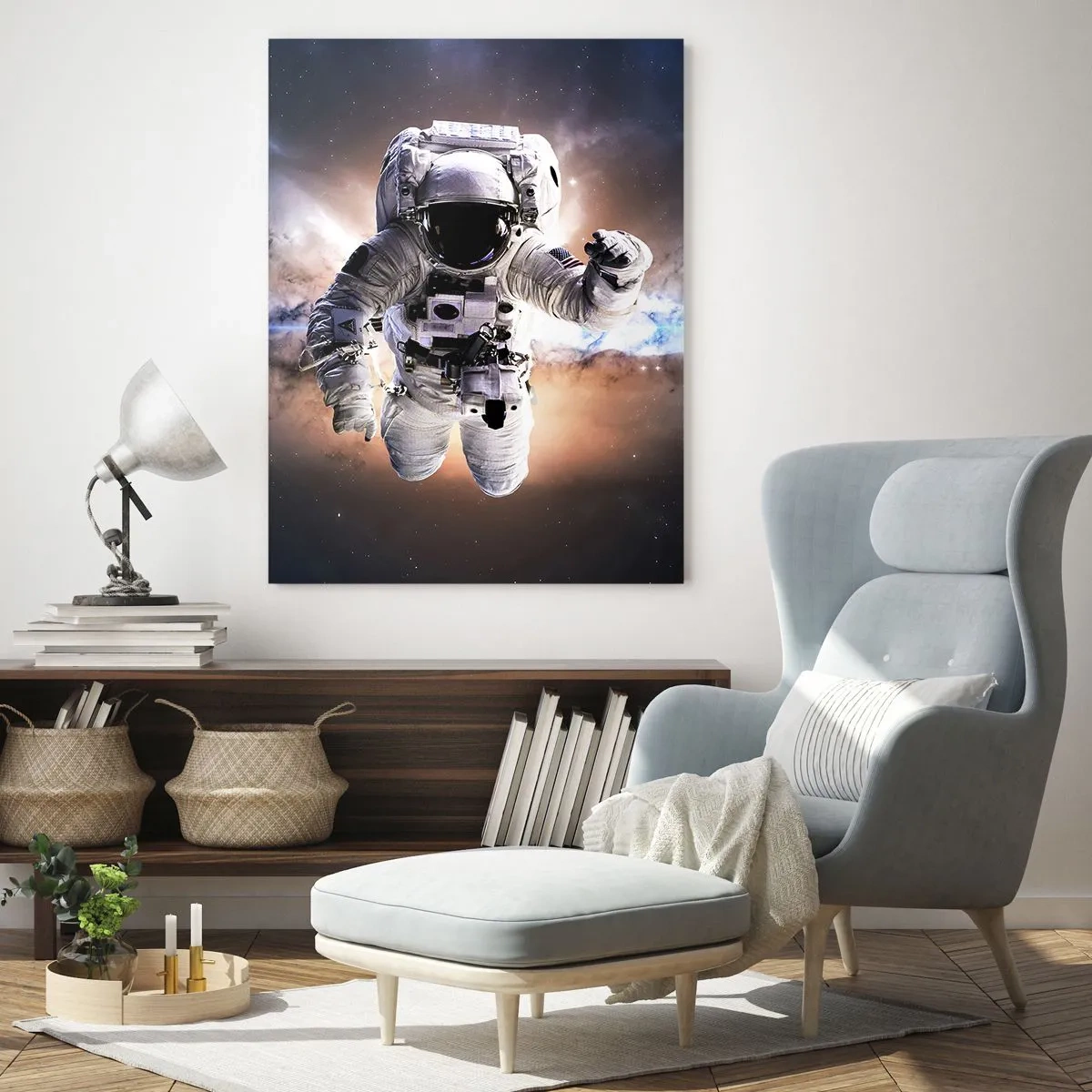 Quadro su vetro - Astronauta nello spazio - 80x120cm - Saluti dal cosmo - Decorazione murale moderna per soggiorno e camera da letto ARTTOR