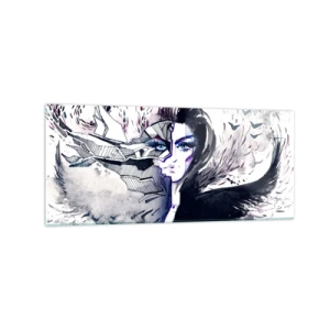 Quadro su vetro - Volto astratto con elementi contrastanti e motivo ad ala - 120x50cm - Bella e demoniaca - Decorazione murale moderna per soggiorno e camera da letto ARTTOR