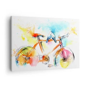 Quadro su tela - Stampe su Tela - Dipinto ad acquerello colorato di una bicicletta con uccelli seduti sopra - 70x50cm - In due in bicicletta - Decorazione murale moderna per soggiorno e camera da letto ARTTOR