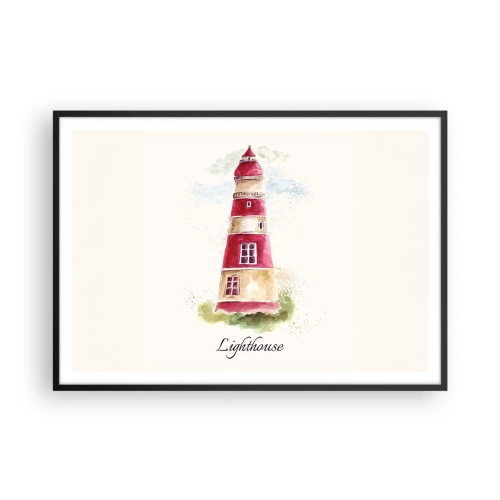 Poster in cornice nera - Dipinto ad acquerello di un faro su sfondo chiaro con un'iscrizione - 100x70cm - Attorno è sempre bel tempo - Decorazione murale moderna per soggiorno e camera da letto ARTTOR