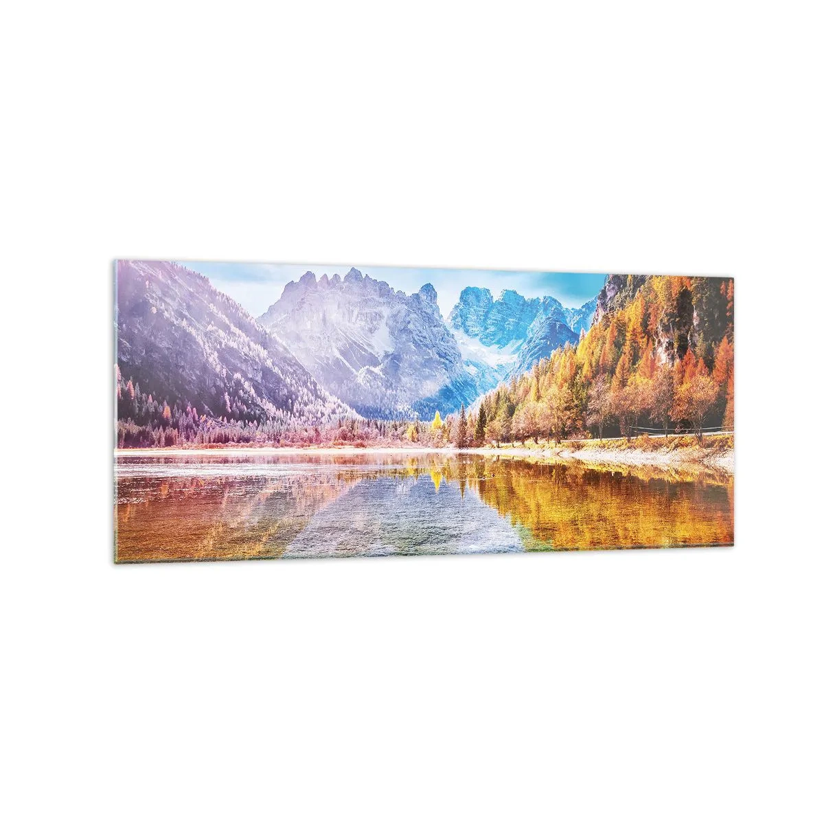 Quadro su vetro - Paesaggio montano autunnale con lago - 120x50cm - E nei monti è già autunno - Decorazione murale moderna per soggiorno e camera da letto ARTTOR
