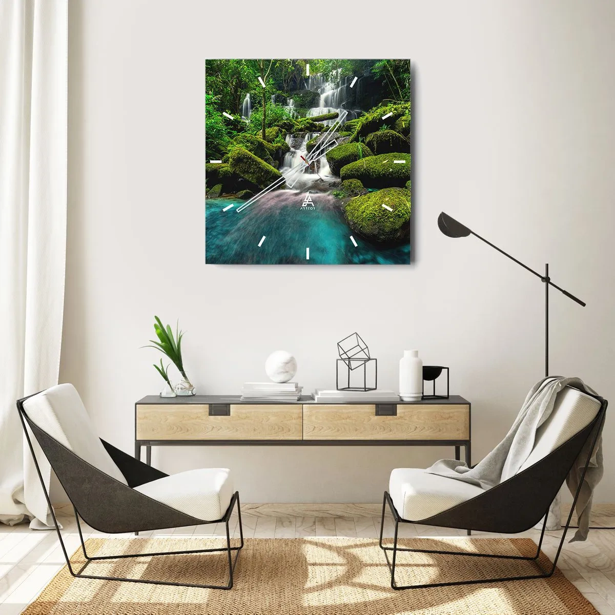 Orologio da parete - Orologio in Vetro - Una cascata tropicale circondata dal verde e dall'acqua turchese - 30x30cm - Turchese, zaffiro e argento liquido - Decorazione murale moderna per soggiorno e camera da letto ARTTOR