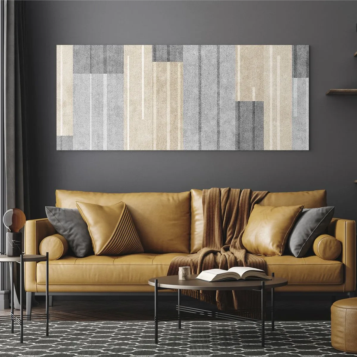 Quadro su vetro - Composizione geometrica nei toni del grigio e del beige - 140x50cm - Composizione: rigare dritto - Decorazione murale moderna per soggiorno e camera da letto ARTTOR