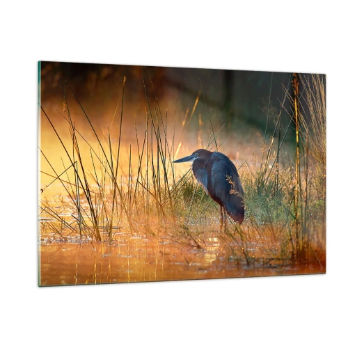 Quadro su vetro - Tramonto su un lago con un airone - 120x80cm - Basta con queste foto - Decorazione murale moderna per soggiorno e camera da letto ARTTOR
