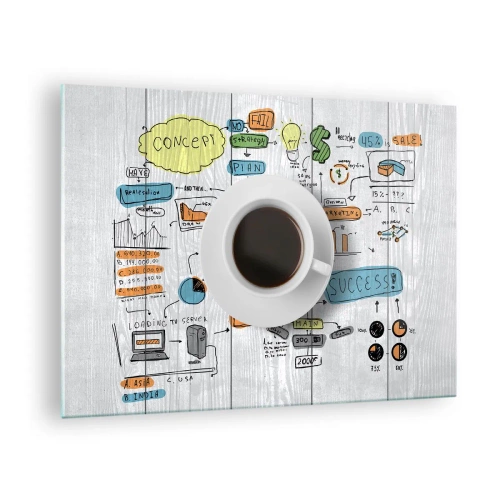 Quadro su vetro - Una tazza di caffè su uno sfondo di diagrammi e disegni concettuali - 70x50cm - Un momento di pausa - Decorazione murale moderna per soggiorno e camera da letto ARTTOR