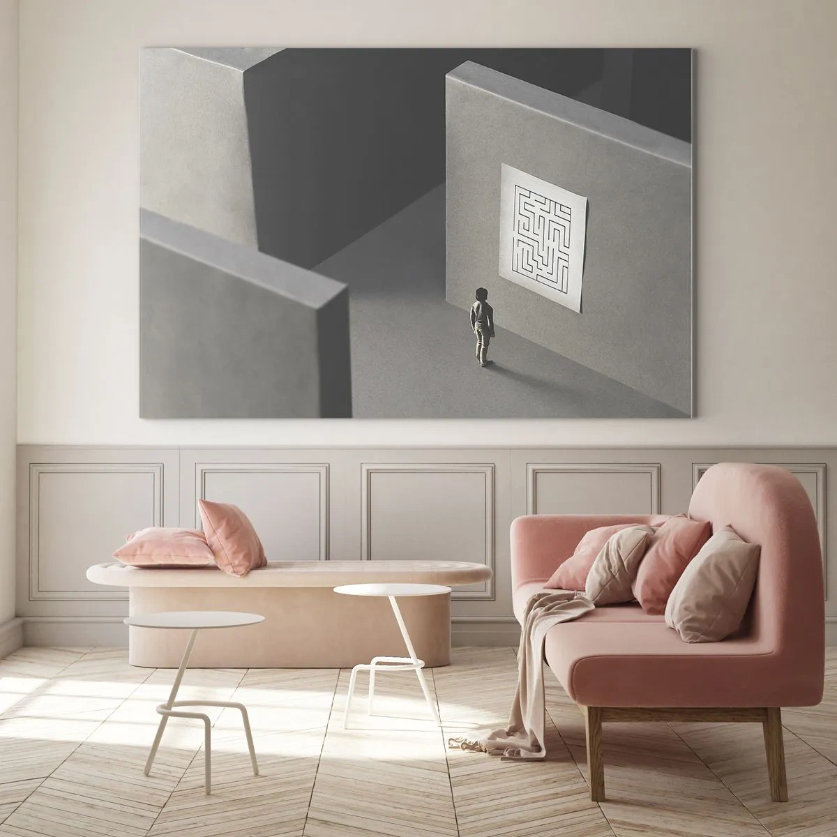 Quadro su vetro - Bambino in un labirinto con un simbolo di indovinello - 70x50cm - Ma dove mi trovo? - Decorazione murale moderna per soggiorno e camera da letto ARTTOR
