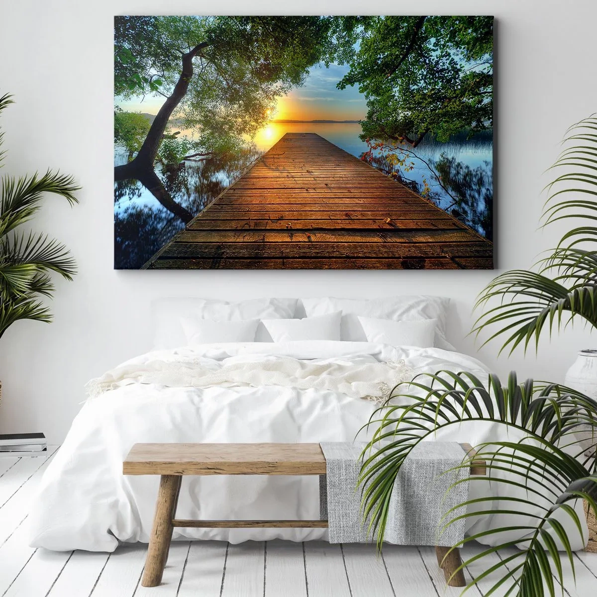 Quadro su tela - Stampe su Tela - Un molo di legno circondato dal verde durante il tramonto - 70x50cm - Non avere fretta, siediti - Decorazione murale moderna per soggiorno e camera da letto ARTTOR